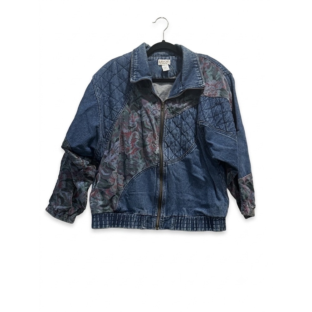 Lavon Vintage Denim Bomber Jacket Womens Medium Floral Quilted Mixed Media Blue